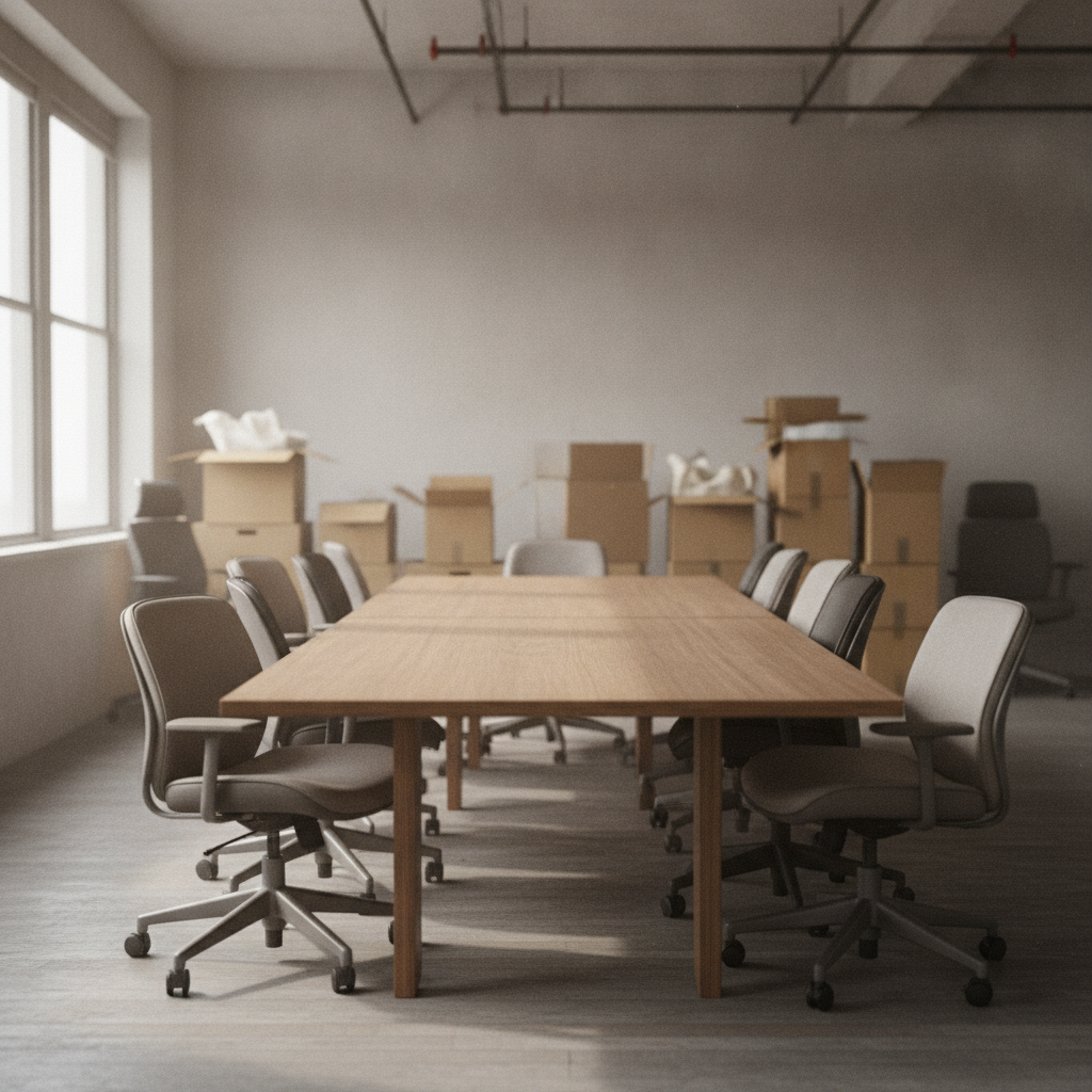 office with a long table, cluttered chairs, and boxes - no face, no coffee cups and laptop. table should be empty